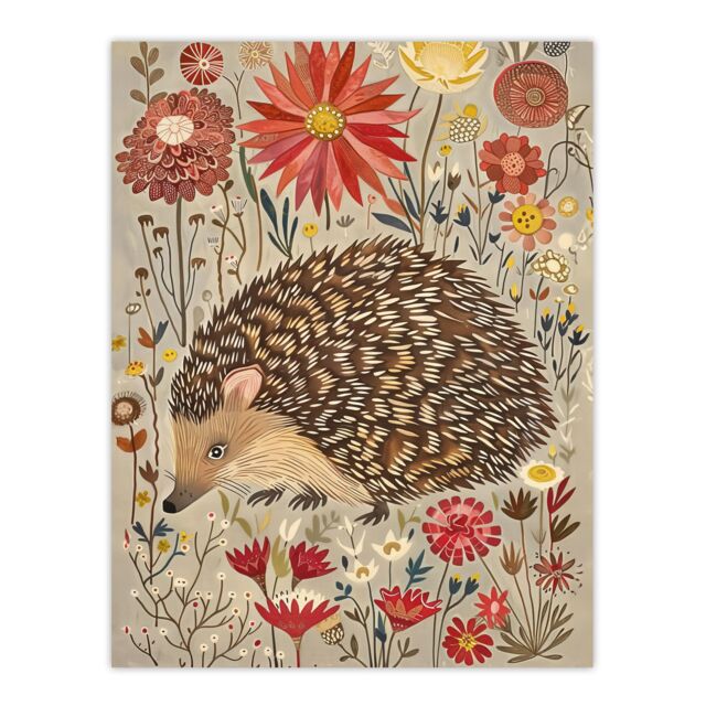 "Artery8 Cute Hedgehog Floral Artwork Rustic Woodland Wall Art Print in Grey - Size: W24"" x H32""" - image 1