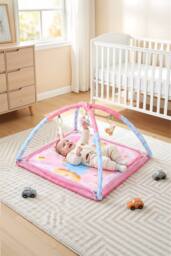 H&O Direct Baby Animal Activity Play Mat with Hanging Sensory Toys in Pink - thumbnail 2