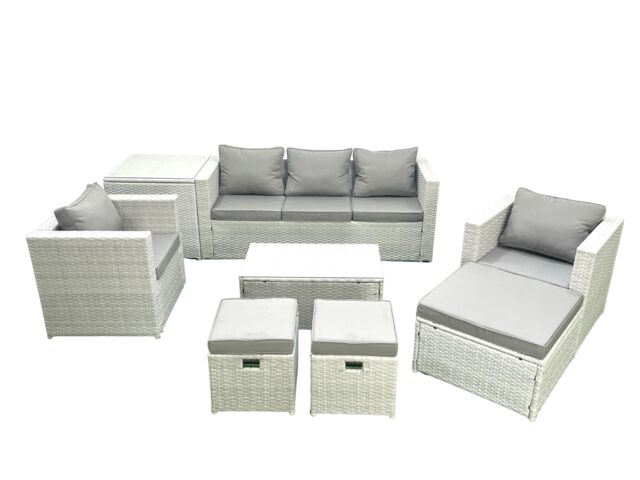 Fimous Rattan Garden Outdoor Furniture Sofa Set with Rectangular Coffee Table 2 Chairs 3 Footstools Side Table Light Grey Mixed - image 1