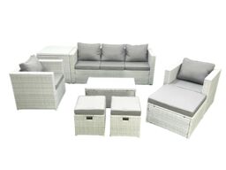 Fimous Rattan Garden Outdoor Furniture Sofa Set with Rectangular Coffee Table 2 Chairs 3 Footstools Side Table Light Grey Mixed - thumbnail 2