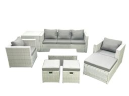 Fimous Rattan Garden Outdoor Furniture Sofa Set with Rectangular Coffee Table 2 Chairs 3 Footstools Side Table Light Grey Mixed - thumbnail 1