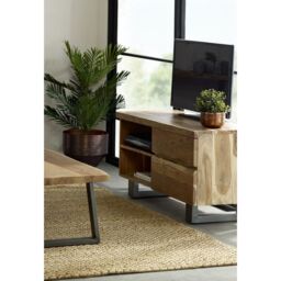 Indian Hub Baltic Live Edge 2 Drawer Small TV Stand - Metal/Acacia Solid Wood - L45 x W110 x H55 cm in Brown - thumbnail 4