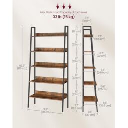 VASAGLE 5 Tier Industrial Narrow Ladder Shelf Home Office Storage in Brown - thumbnail 3