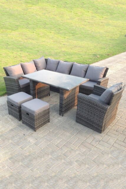 Fimous 9 Seater High Back Rattan Set Corner Sofa With Black Tempered Dining Table 2 Stools With Arm Chair in Dark Grey - image 1