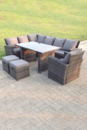 Fimous 9 Seater High Back Rattan Set Corner Sofa With Black Tempered Dining Table 2 Stools With Arm Chair in Dark Grey - thumbnail 2