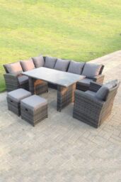 Fimous 9 Seater High Back Rattan Set Corner Sofa With Black Tempered Dining Table 2 Stools With Arm Chair in Dark Grey - thumbnail 1