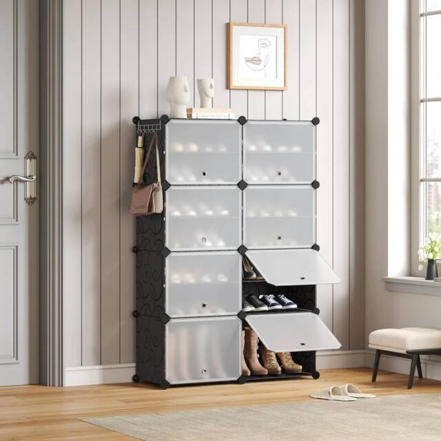 KORVIXA Black 8 PCS Portable Plastic Shoe Cabinet with Door - Size: 100 cm - image 1