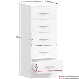 HD Designs Riano 5 Drawer Narrow Chest Storage in White - thumbnail 2