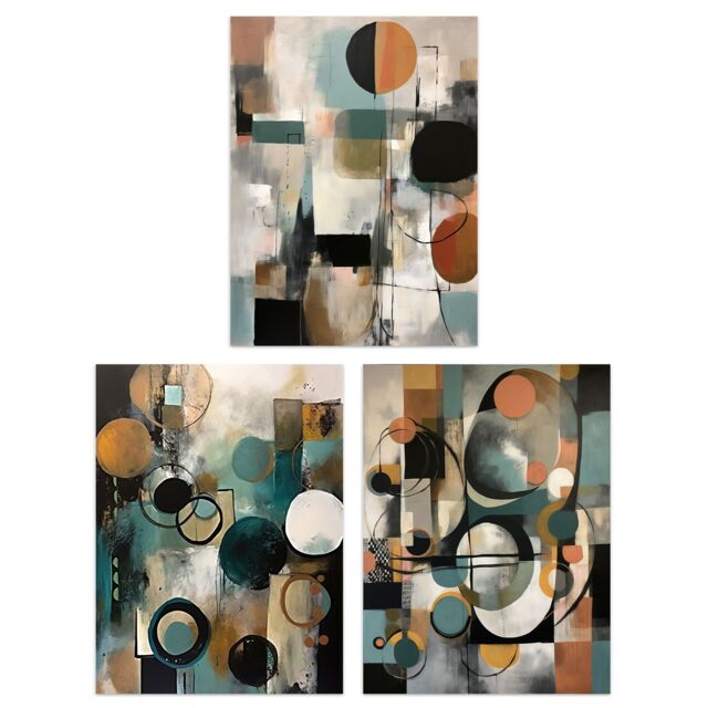 Artery8 Set of 3 Midcentury Modern Abstract Circles Oil Paintings Pastel Colour Tan Orange Teal Elegant Unframed Wall Art Living Room Poster Prints - image 1