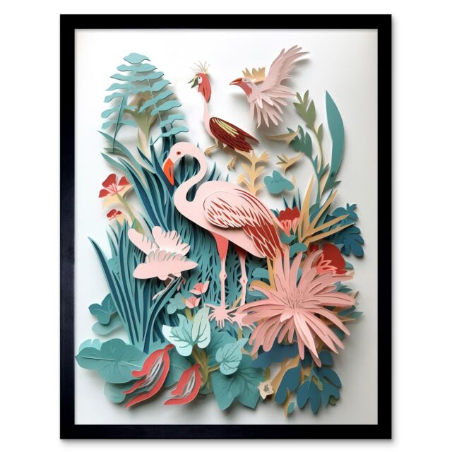 "Artery8 Wall Art Print Tropical Plants & Birds Multi-Dimensional Paper Kirigami Art Framed in Black - Size: W12"" x H16""" - image 1