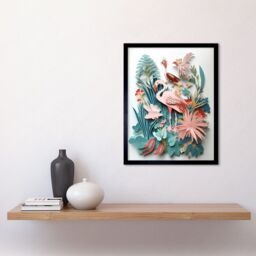 "Artery8 Wall Art Print Tropical Plants & Birds Multi-Dimensional Paper Kirigami Art Framed in Black - Size: W12"" x H16""" - thumbnail 2