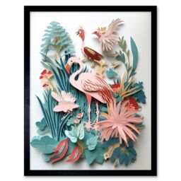 "Artery8 Wall Art Print Tropical Plants & Birds Multi-Dimensional Paper Kirigami Art Framed in Black - Size: W12"" x H16""" - thumbnail 1