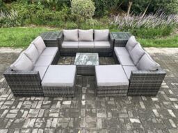 Fimous Outdoor Rattan Garden Furniture Set Patio Lounge Sofa Set with 2 Side Tables Square Coffee Table 2 Big Footstool in Dark Grey - thumbnail 2