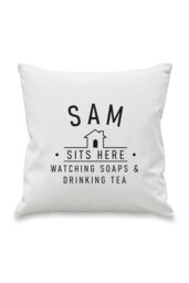 Personalised Memento Company Personalised ...Sits Here Cushion in White - Size: 40 cm x 40 cm