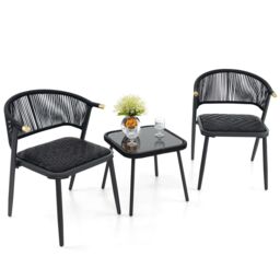 Costway 3 Piece Outdoor Wicker Furniture Set Rattan Chairs w/ Tempered Glass Coffee Table in Black
