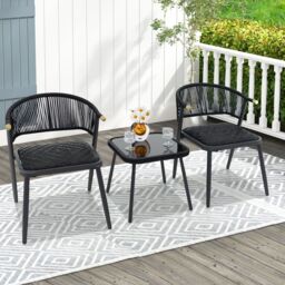 Costway 3 Piece Outdoor Wicker Furniture Set Rattan Chairs w/ Tempered Glass Coffee Table in Black - thumbnail 5