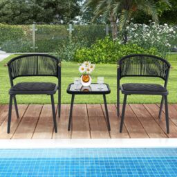 Costway 3 Piece Outdoor Wicker Furniture Set Rattan Chairs w/ Tempered Glass Coffee Table in Black - thumbnail 4