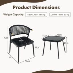 Costway 3 Piece Outdoor Wicker Furniture Set Rattan Chairs w/ Tempered Glass Coffee Table in Black - thumbnail 2