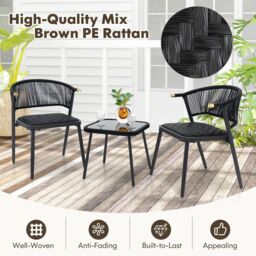 Costway 3 Piece Outdoor Wicker Furniture Set Rattan Chairs w/ Tempered Glass Coffee Table in Black - thumbnail 6