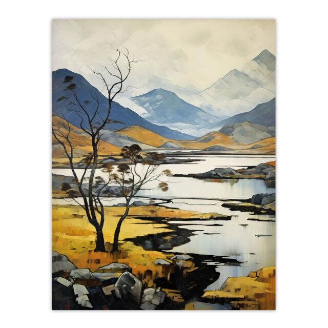 Artery8 Scottish Highlands In Autumn Oil Painting Ochre Blue Misty Mountains & Serene Lake Extra Large XL Unframed Wall Art Poster Print - image 1