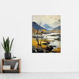 Artery8 Scottish Highlands In Autumn Oil Painting Ochre Blue Misty Mountains & Serene Lake Extra Large XL Unframed Wall Art Poster Print - thumbnail 4