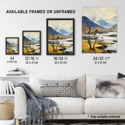 Artery8 Scottish Highlands In Autumn Oil Painting Ochre Blue Misty Mountains & Serene Lake Extra Large XL Unframed Wall Art Poster Print - thumbnail 3