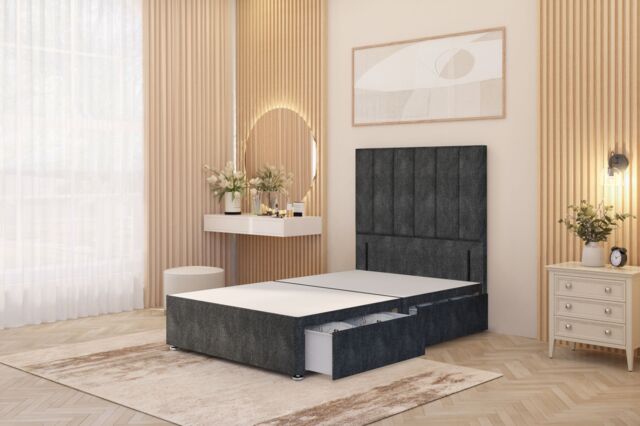 "Somnior Austin 2 Drawer Divan Bed Base & 54"" Floor Standing Headboard Tweed in Charcoal - Size: Super King" - image 1