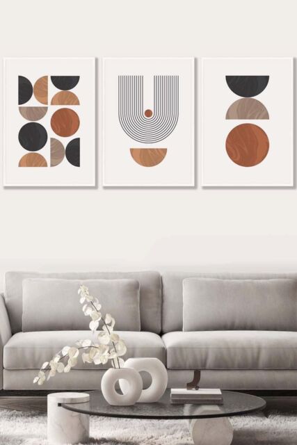 ARTZE Set of 3 White Framed Mid Century Geometric in Black & Brown Wall Art in Terracotta - Size: W45 cm x H62 cm x D20mm - image 1