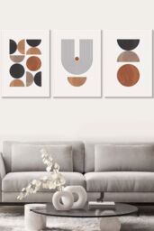 ARTZE Set of 3 White Framed Mid Century Geometric in Black & Brown Wall Art in Terracotta - Size: W45 cm x H62 cm x D20mm - thumbnail 1