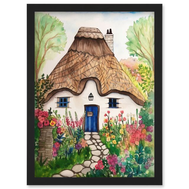 Artery8 The Cottage In The Forrest Flowers Folk Art Artwork Framed Wall Art Print A4 in Black - image 1