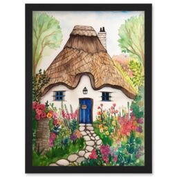 Artery8 The Cottage In The Forrest Flowers Folk Art Artwork Framed Wall Art Print A4 in Black - thumbnail 1