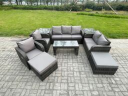 Fimous Outdoor Rattan Garden Furniture Set Rattan Lounge Sofa Set with Rectangular Coffee Table 2 Side Tables 2 Big Footstool Dark Grey Mixed - thumbnail 1