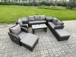 Fimous Outdoor Rattan Garden Furniture Set Rattan Lounge Sofa Set with Rectangular Coffee Table 2 Side Tables 2 Big Footstool Dark Grey Mixed - thumbnail 2