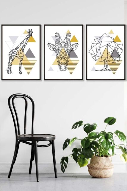 ARTZE Geometric Line Art Yellow Giraffe Tree Set Framed Wall Art - Large in Black - Size: W53 cm x H73 cm x D20mm - image 1