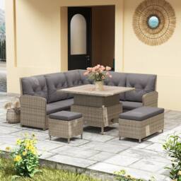 OUTSUNNY 6 PCs Rattan Garden Furniture Sectional Corner Sofa, Light Grey - thumbnail 1