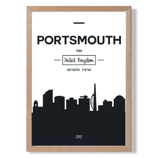 ARTZE Portsmouth Black & White City Skyline Framed Print SIZE: A3 with Oak Frame - Size: A4 - image 1