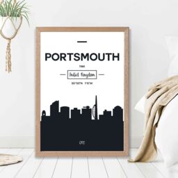 ARTZE Portsmouth Black & White City Skyline Framed Print SIZE: A3 with Oak Frame - Size: A4 - thumbnail 2
