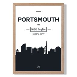 ARTZE Portsmouth Black & White City Skyline Framed Print SIZE: A3 with Oak Frame - Size: A4 - thumbnail 1