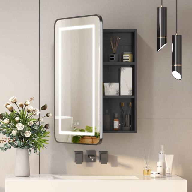 KEEPREAPER Black LED Bathroom Mirror Cabinet 50x80 3 Color Demister Touch Control - Size: W500mm X H760mm - image 1