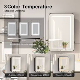 KEEPREAPER Black LED Bathroom Mirror Cabinet 50x80 3 Color Demister Touch Control - Size: W500mm X H760mm - thumbnail 3