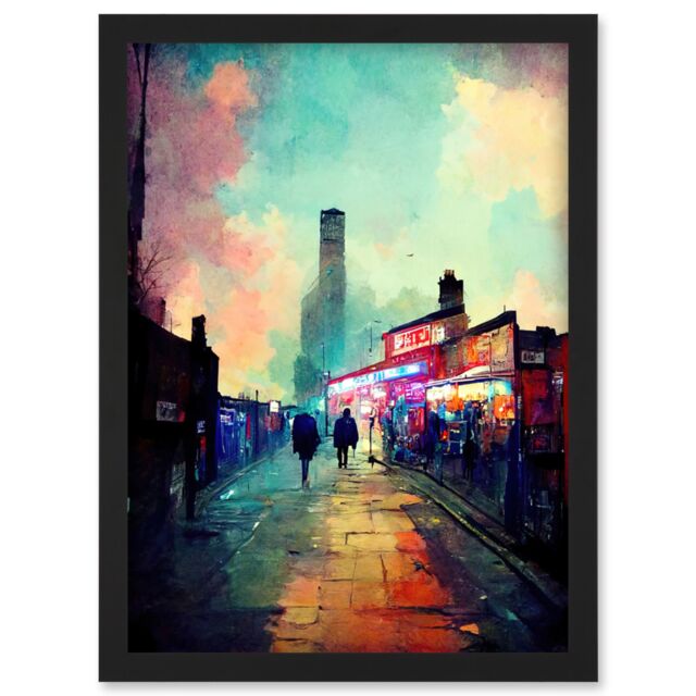 Artery8 Brick Lane London 1960's Night Street Scene Oil Painting Artwork Framed Wall Art Print A4 in Black - image 1