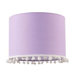 Happy Homewares Cute & Modern Cotton Fabric Lamp Shade with White Woolly Pom-Poms in Lilac - Size: 10 inches - thumbnail 1