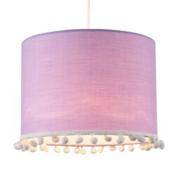 Happy Homewares Cute & Modern Cotton Fabric Lamp Shade with White Woolly Pom-Poms in Lilac - Size: 10 inches - thumbnail 2