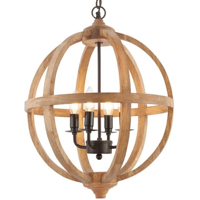 Loops Multi Light Ceiling Pendant 4 Bulb Mango Wood & Bronze Solid Round Lamp Shade - image 1