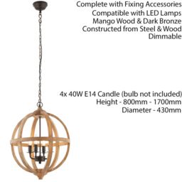 Loops Multi Light Ceiling Pendant 4 Bulb Mango Wood & Bronze Solid Round Lamp Shade - thumbnail 2