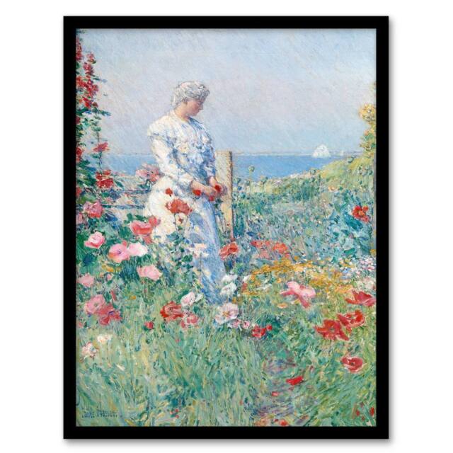 Artery8 Childe Hassam Framed Wall Art Celia in Her Garden Floral Portrait - Size: A4 - image 1