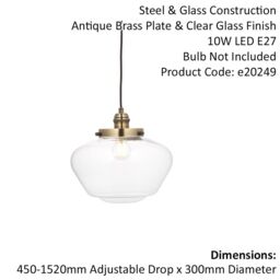 Loops Antique Brass Ceiling Pendant Light Clear Glass Shade Hanging Lighting Fixture - thumbnail 2