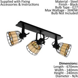 Loops Adjustable 3 Bulb Ceiling Spotlight Black Wicker Shade 40W E27 Kitchen Island - thumbnail 2