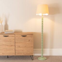 ValueLights Bobbins Sage Green Floor Lamp with Linen Scallop White Trim Shade in Pale Green