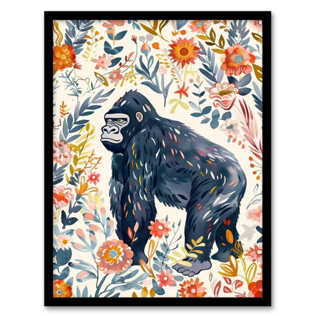 Artery8 Gorilla Ape with Wildflowers Floral Watercolour Framed Wall Art - Size: A4 - image 1